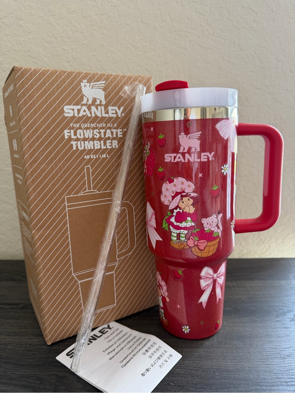 40 oz Strawberry Girl Red Pink Tumbler with Handle & Straw